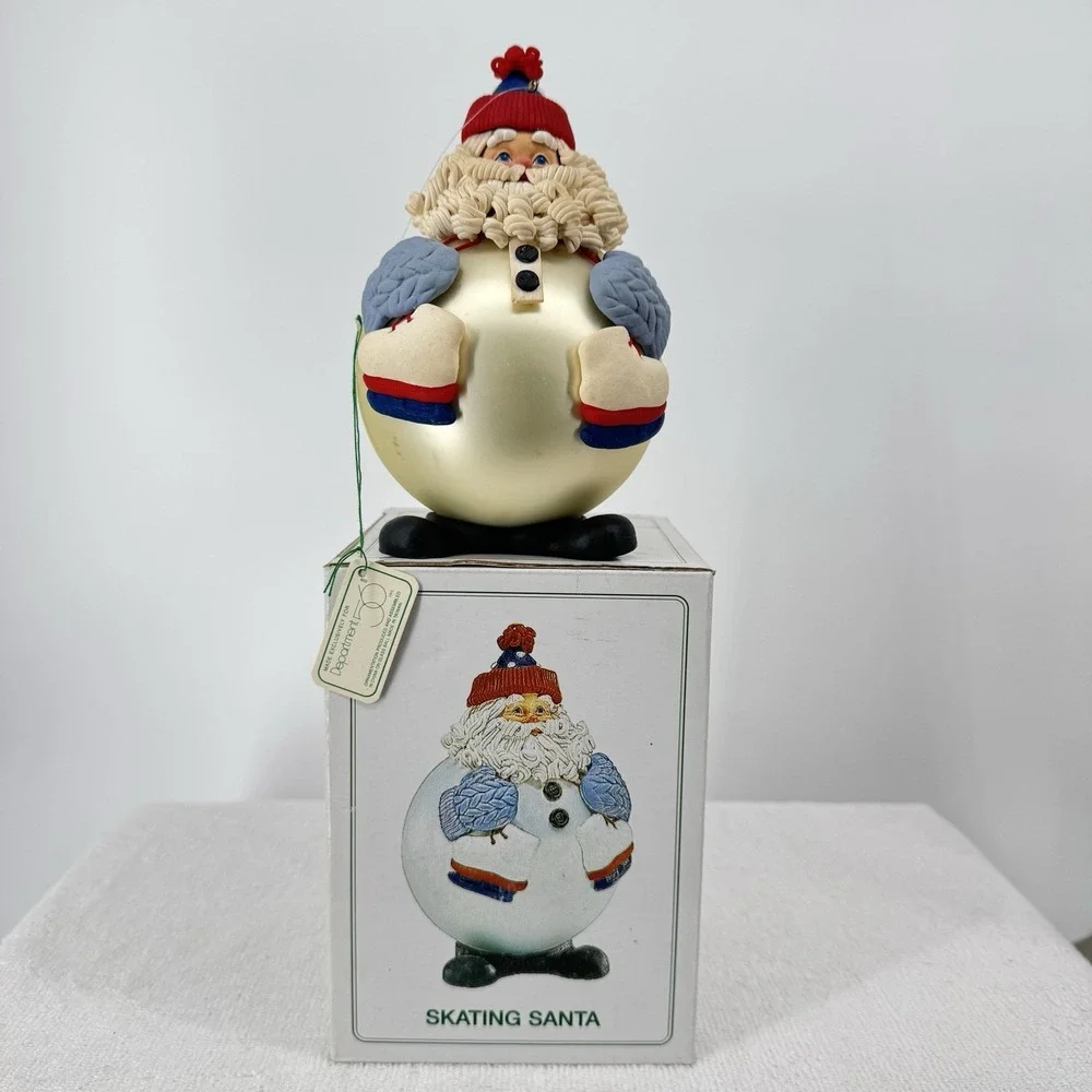 Vintage Department 56 Ice Skating Santa Ornament Knit Cap‎ Holiday Christmas